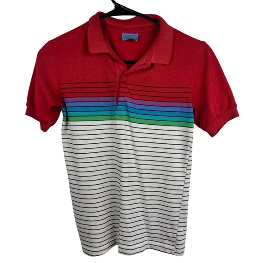 Cut Loose Youth Size 16 Red Rainbow Stripe Short Sleeve Collared Polo Shirt‎